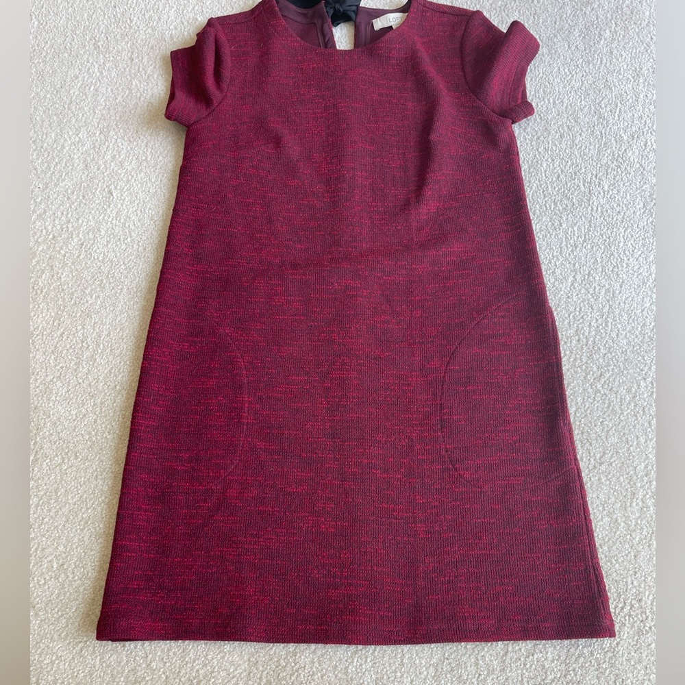 LOFT Red Zip Shift Dress with Black Bow Tie